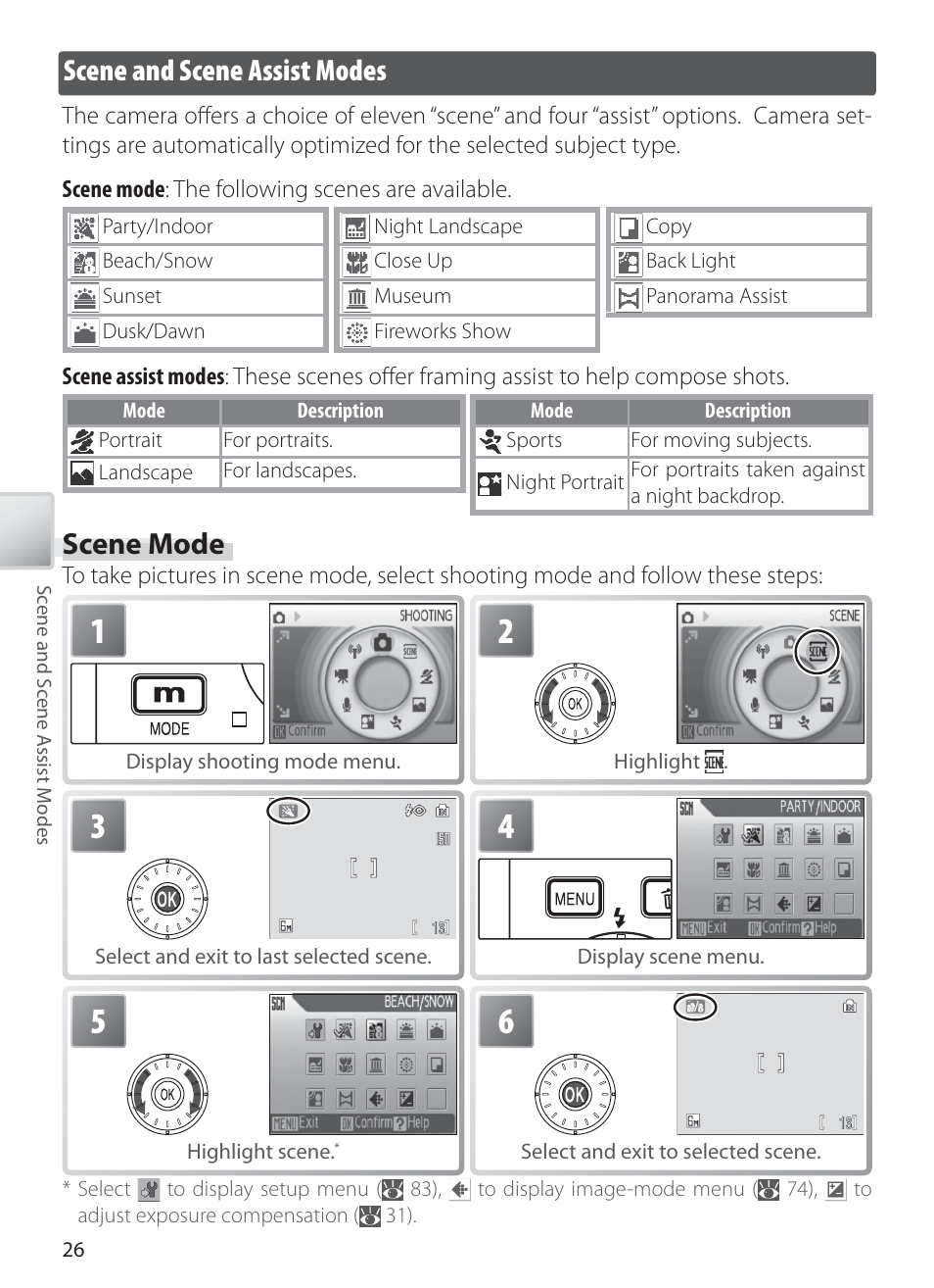 Scene and scene assist modes, Scene mode | Nikon COOLPIX S6 User Manual | Page 36 / 119