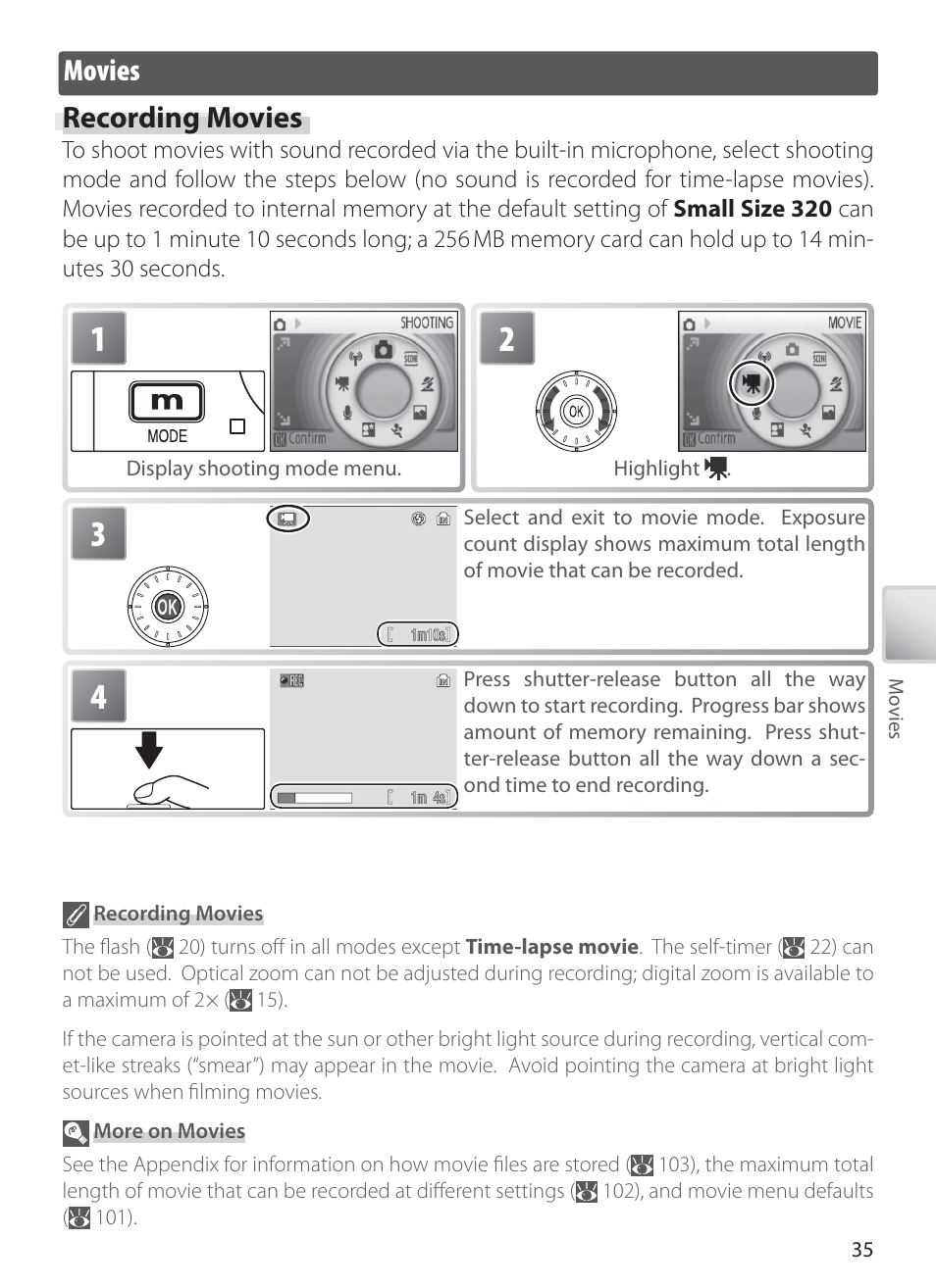 Movies, Recording movies, Movies recording movies | Nikon COOLPIX S6 User Manual | Page 45 / 119