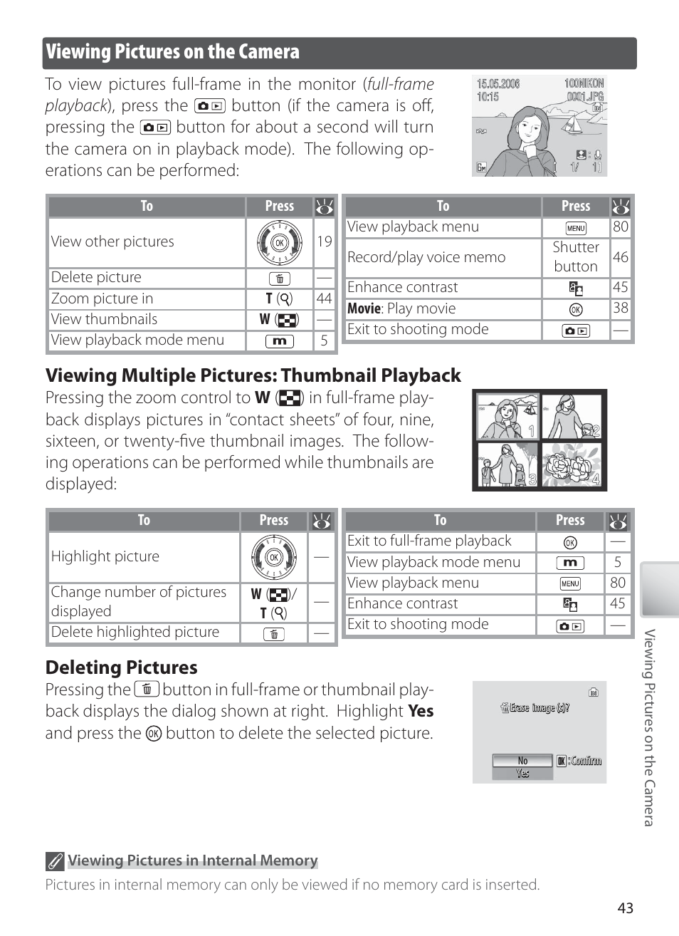 Viewing pictures on the camera, Viewing multiple pictures: thumbnail playback, Deleting pictures | Nikon COOLPIX S6 User Manual | Page 53 / 119