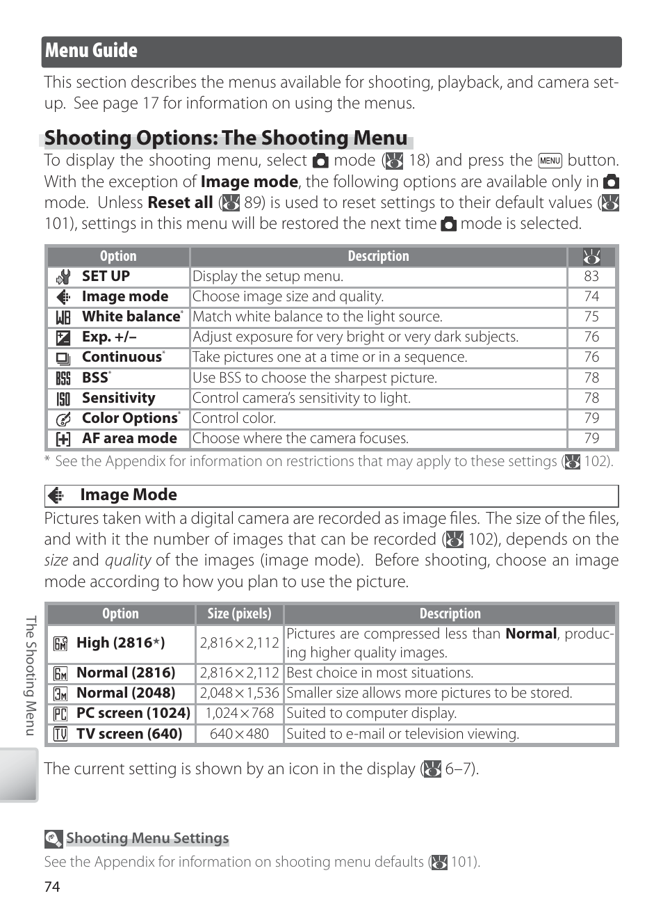 Menu guide, Shooting options: the shooting menu | Nikon COOLPIX S6 User Manual | Page 84 / 119