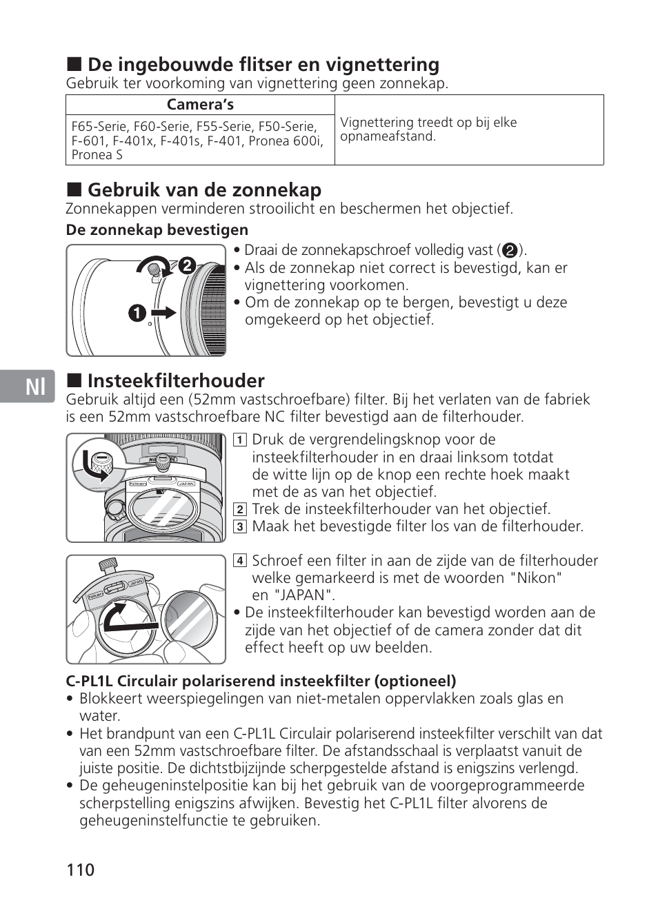 Jp en de fr es se ru nl it ck ch kr, De ingebouwde flitser en vignettering, Gebruik van de zonnekap | Insteekfilterhouder | Nikon AF-S Nikkor 300mm f/2.8G ED VR II User Manual | Page 110 / 204