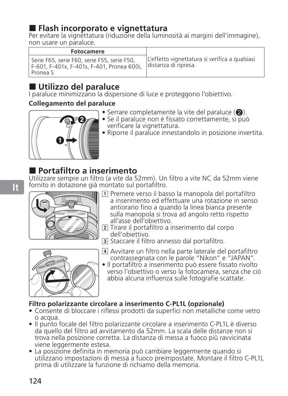 Jp en de fr es se ru nl it ck ch kr, Flash incorporato e vignettatura, Utilizzo del paraluce | Portafiltro a inserimento | Nikon AF-S Nikkor 300mm f/2.8G ED VR II User Manual | Page 124 / 204