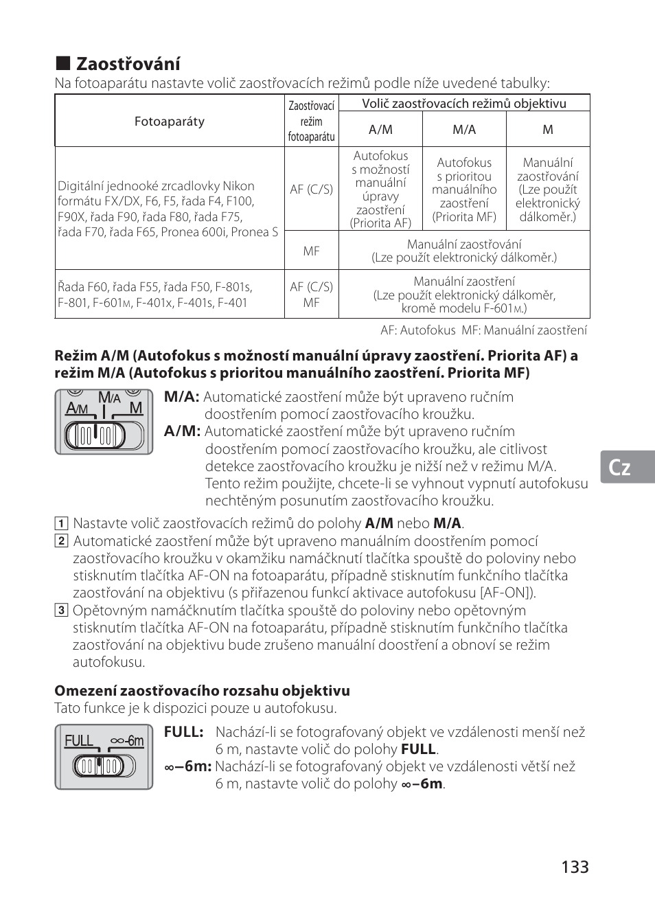 Jp en de fr es se ru nl it cz ch kr, Zaostřování | Nikon AF-S Nikkor 300mm f/2.8G ED VR II User Manual | Page 133 / 204