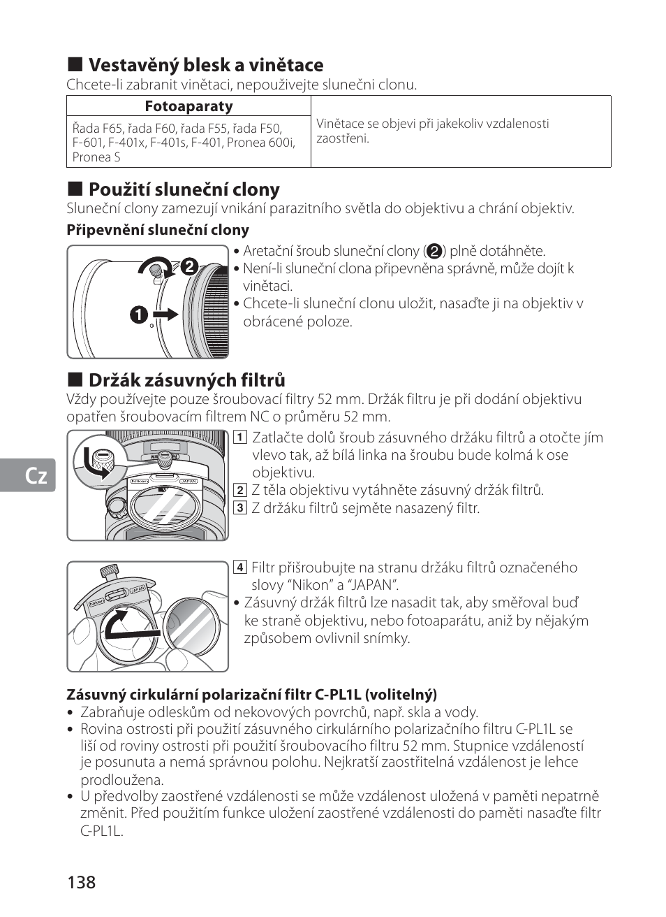 Jp en de fr es se ru nl it cz ch kr, Vestavěný blesk a vinětace, Použití sluneční clony | Držák zásuvných filtrů | Nikon AF-S Nikkor 300mm f/2.8G ED VR II User Manual | Page 138 / 204