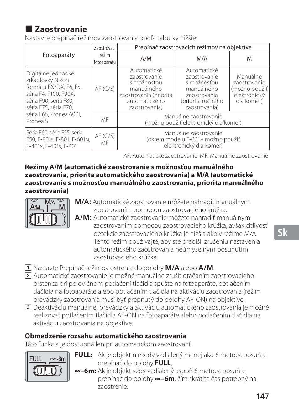 Jp en de fr es se ru nl it sk sk kr, Zaostrovanie | Nikon AF-S Nikkor 300mm f/2.8G ED VR II User Manual | Page 147 / 204