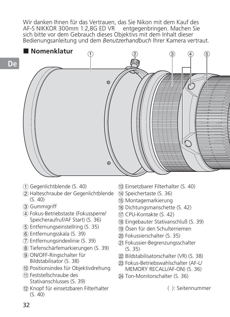 Jp en de fr es se ru nl it ck ch kr | Nikon AF-S Nikkor 300mm f/2.8G ED VR II User Manual | Page 32 / 204