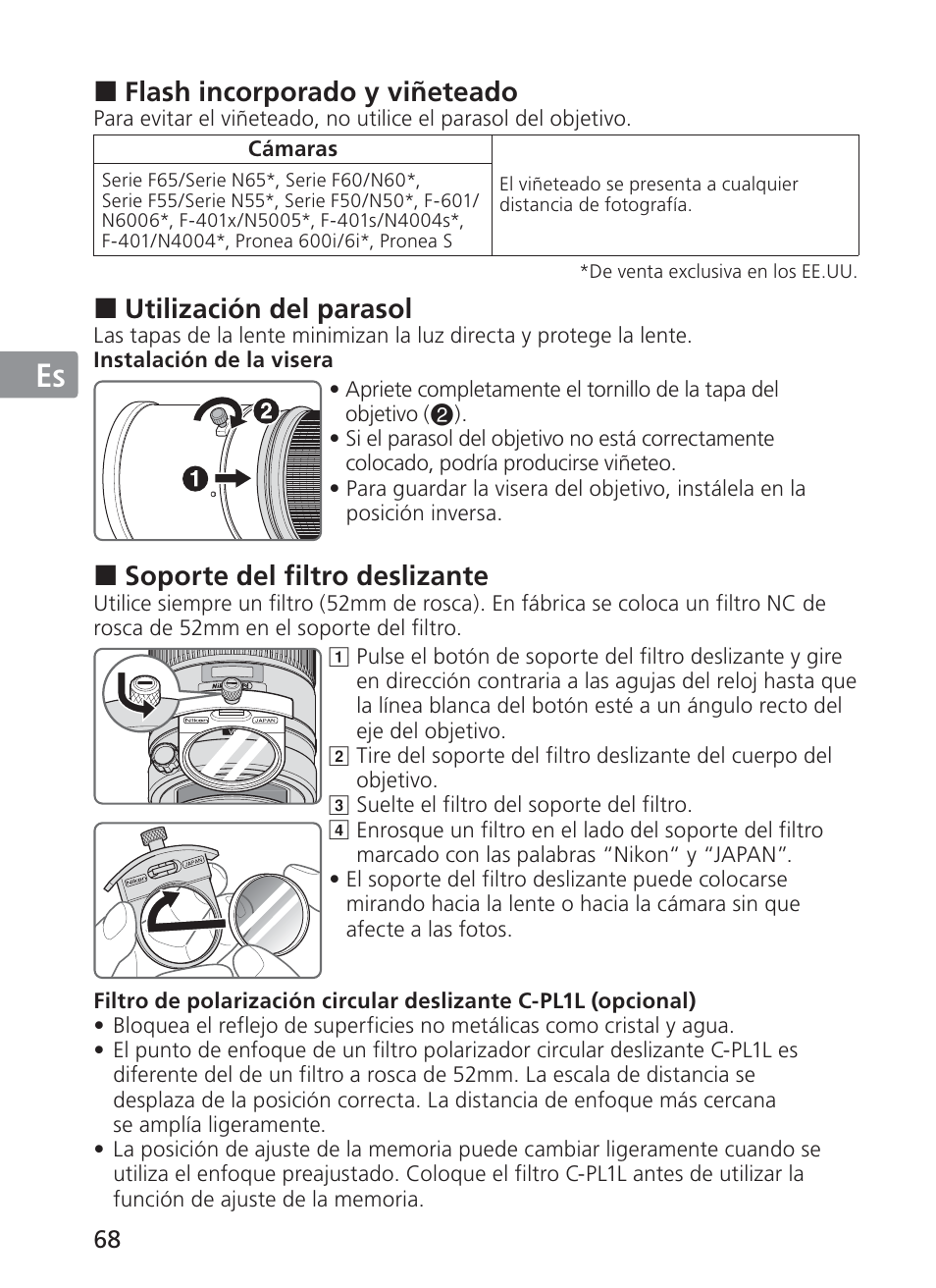 Jp en de fr es se ru nl it ck ch kr, Flash incorporado y viñeteado, Utilización del parasol | Soporte del filtro deslizante | Nikon AF-S Nikkor 300mm f/2.8G ED VR II User Manual | Page 68 / 204