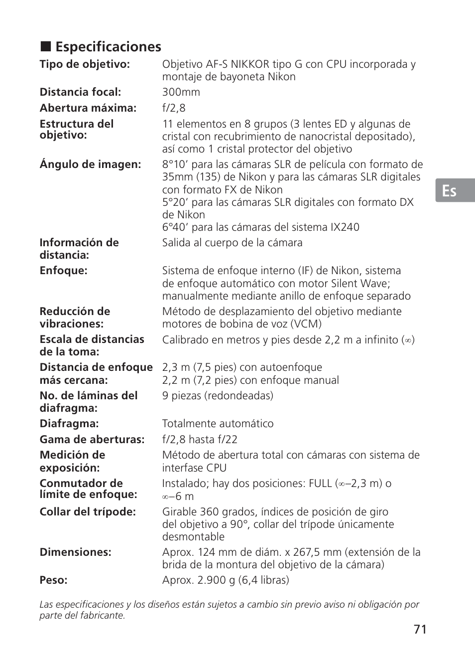 Jp en de fr es se ru nl it ck ch kr | Nikon AF-S Nikkor 300mm f/2.8G ED VR II User Manual | Page 71 / 204