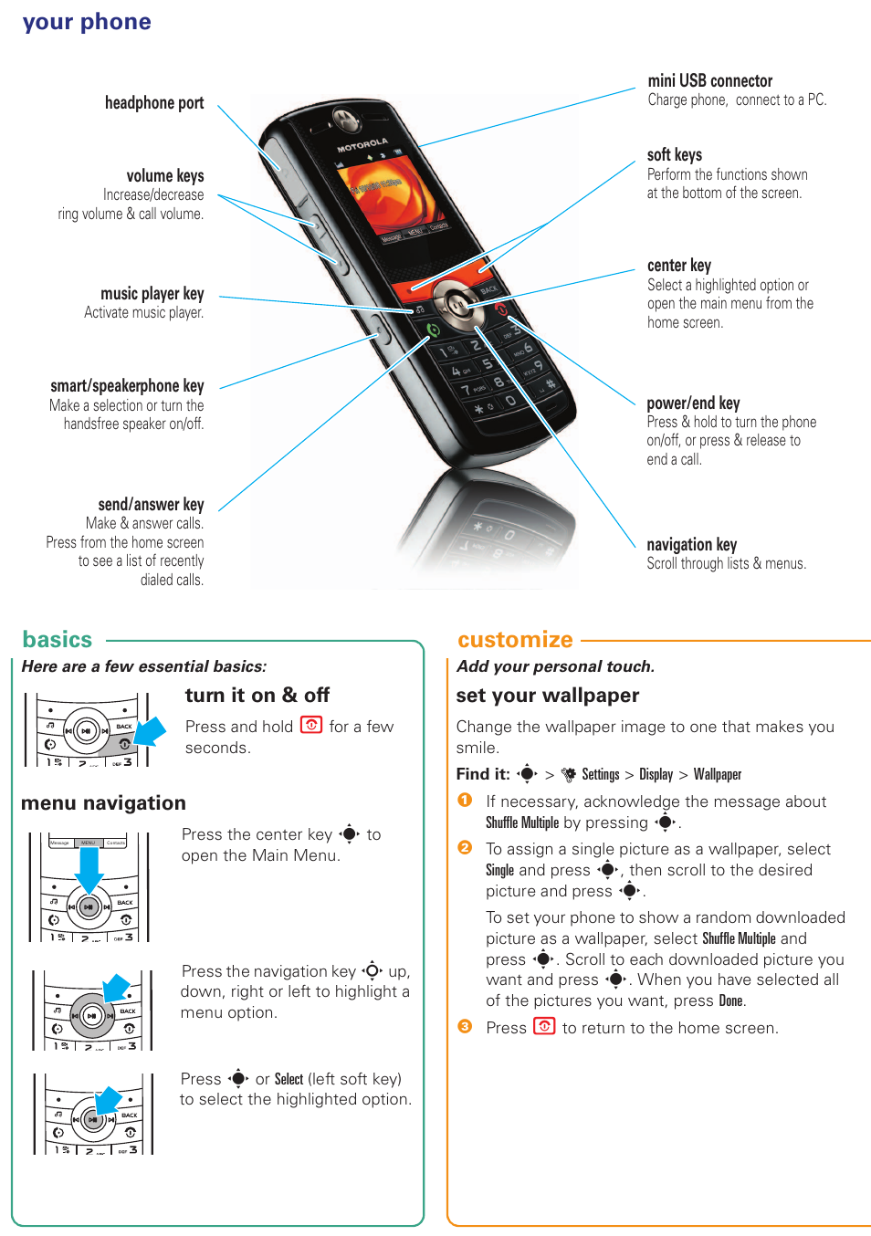 Your phone basics customize, Turn it on & off, Menu navigation | Set your wallpaper | Nikon MOTO VE240 User Manual | Page 2 / 10