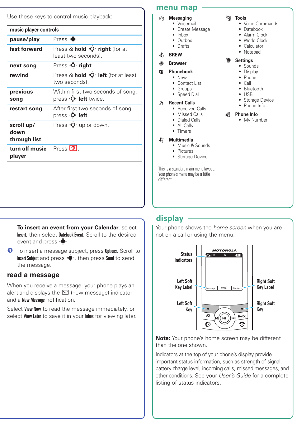 Menu map display, Read a message | Nikon MOTO VE240 User Manual | Page 5 / 10