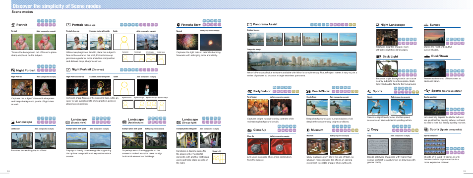 Discover the simplicity of scene modes, Scene modes, Back light museum | Sports, Copy panorama assist, Night landscape, Sunset, Dusk/dawn, Party/indoor, Beach/snow | Nikon COOLPIX Digital Camera Lineup User Manual | Page 10 / 15