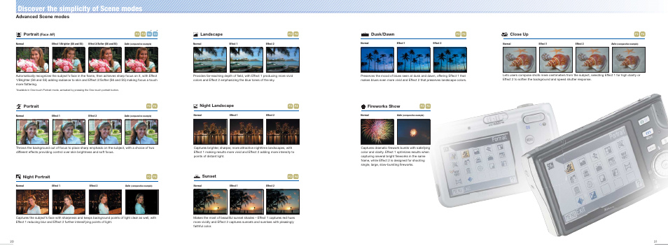 Discover the simplicity of scene modes, Advanced scene modes, Dusk/dawn | Close up, Fireworks show, Portrait, Night portrait, Landscape, Night landscape, Sunset | Nikon COOLPIX Digital Camera Lineup User Manual | Page 11 / 15