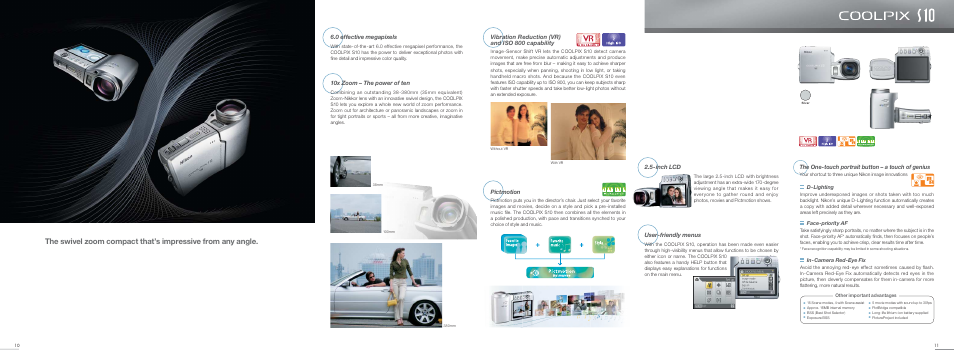 10x zoom – the power of ten, 0 effective megapixels, Vibration reduction (vr) and iso 800 capability | Pictmotion, Inch lcd, User-friendly menus, The one-touch portrait button – a touch of genius | Nikon COOLPIX Digital Camera Lineup User Manual | Page 6 / 15