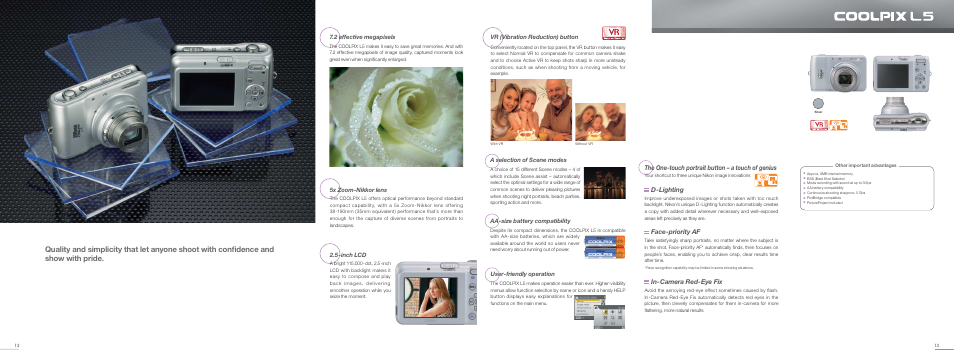 D-lighting, Face-priority af, In-camera red-eye fix | The one-touch portrait button – a touch of genius, 2 effective megapixels, 5x zoom-nikkor lens, Inch lcd, Vr (vibration reduction) button, A selection of scene modes, User-friendly operation | Nikon COOLPIX Digital Camera Lineup User Manual | Page 7 / 15