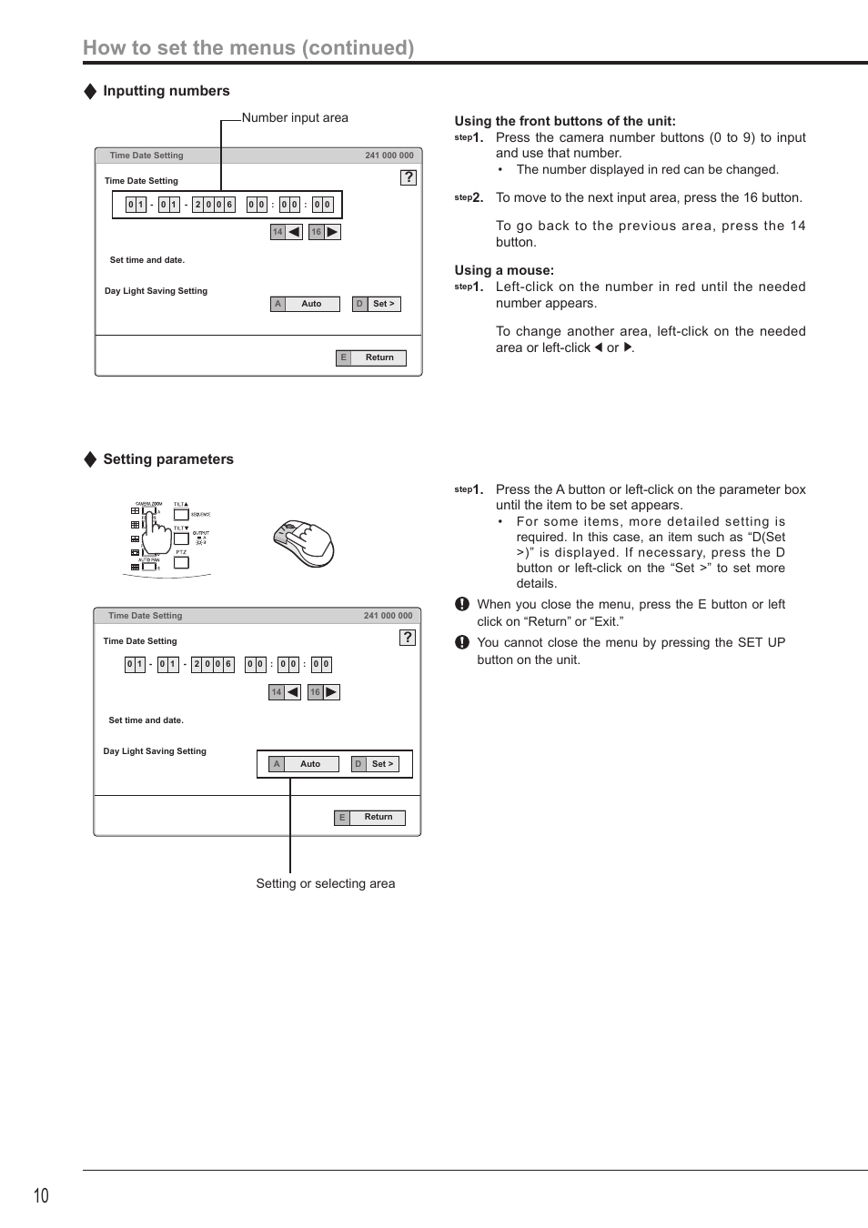 10 how to set the menus (continued), Inputting numbers, Setting parameters | Nikon DX-TL4516E User Manual | Page 10 / 37