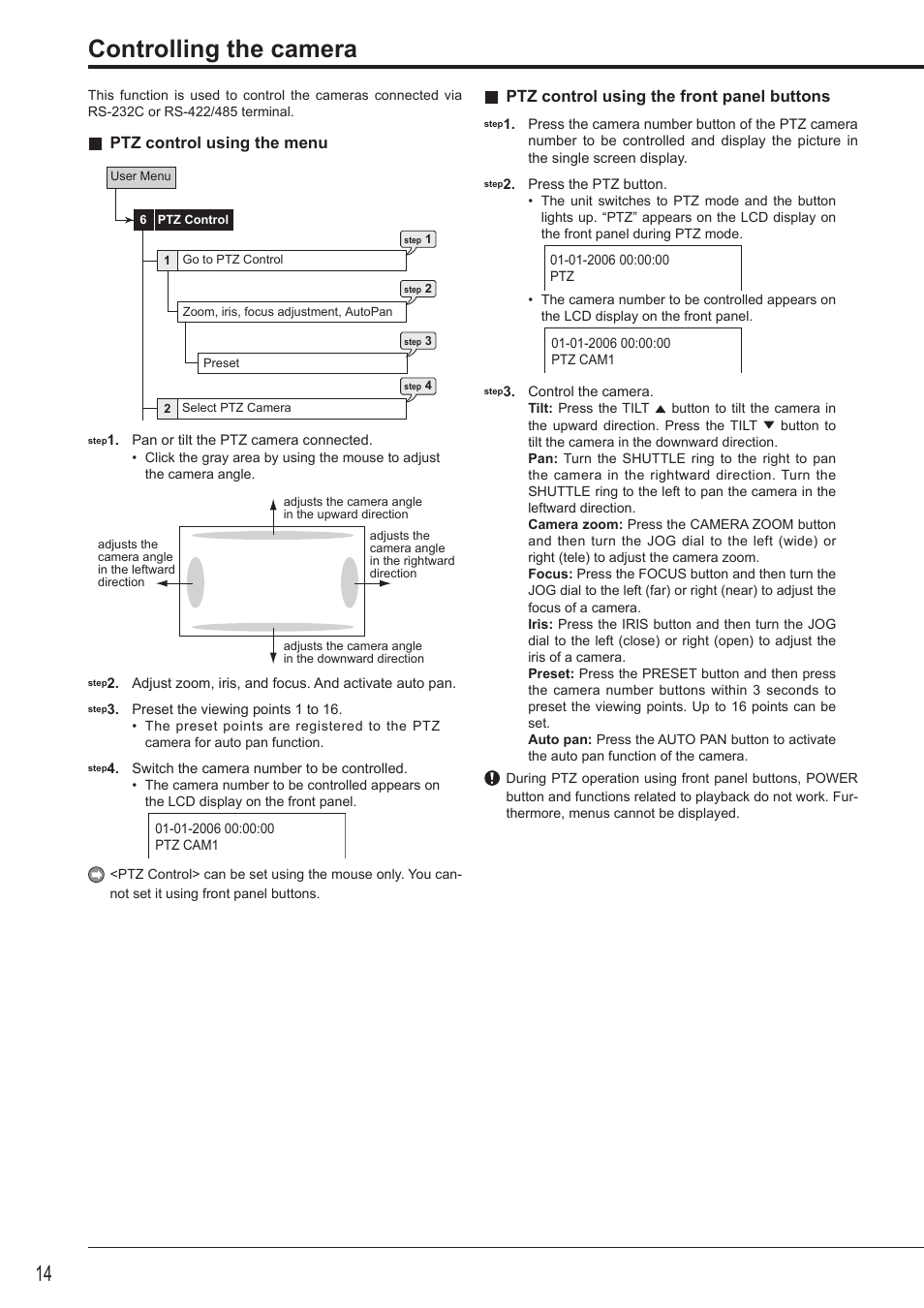 Controlling the camera, Ptz control using the menu, Ptz control using the front panel buttons | Nikon DX-TL4516E User Manual | Page 14 / 37