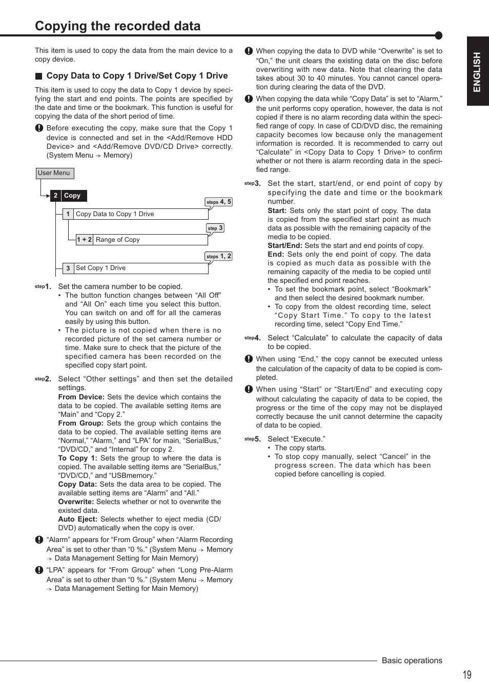 Copying the recorded data, English, Copy data to copy 1 drive/set copy 1 drive | Nikon DX-TL4516E User Manual | Page 19 / 37