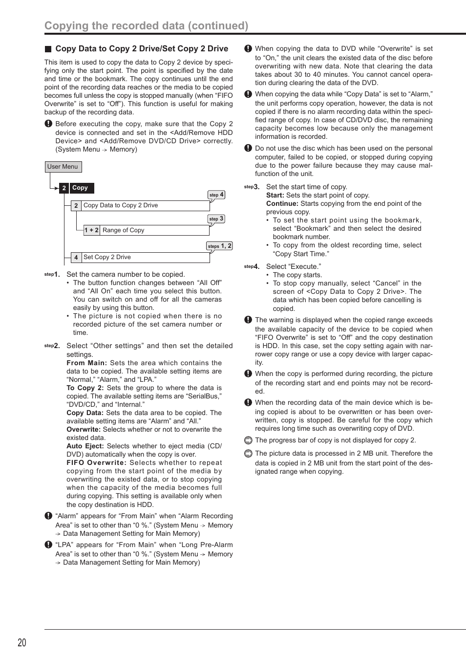 Copying the recorded data (continued), Copy data to copy 2 drive/set copy 2 drive | Nikon DX-TL4516E User Manual | Page 20 / 37