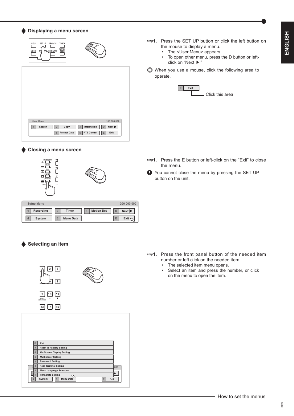 English, How to set the menus, Displaying a menu screen | Closing a menu screen, Selecting an item, Click this area | Nikon DX-TL4516E User Manual | Page 9 / 37