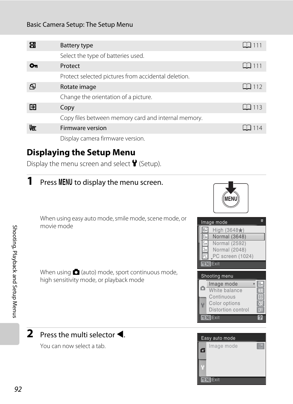 Displaying the setup menu, Press d to display the menu screen, Press the multi selector j | Nikon Coolpix L100 User Manual | Page 104 / 148