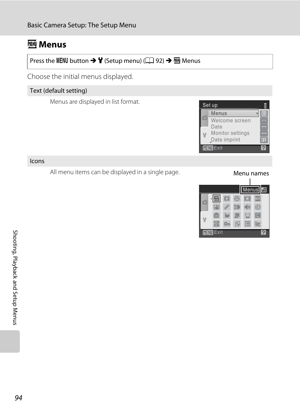 Menus, A menus, A 94 | Nikon Coolpix L100 User Manual | Page 106 / 148
