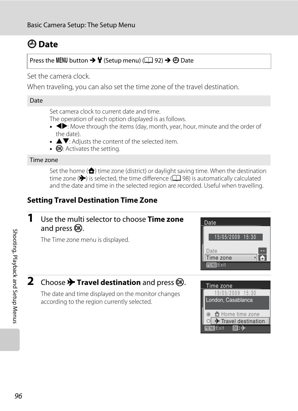 Date, D date, A 96) i | A 96, 9, A 96, Setting travel destination time zone, Choose x travel destination and press k | Nikon Coolpix L100 User Manual | Page 108 / 148