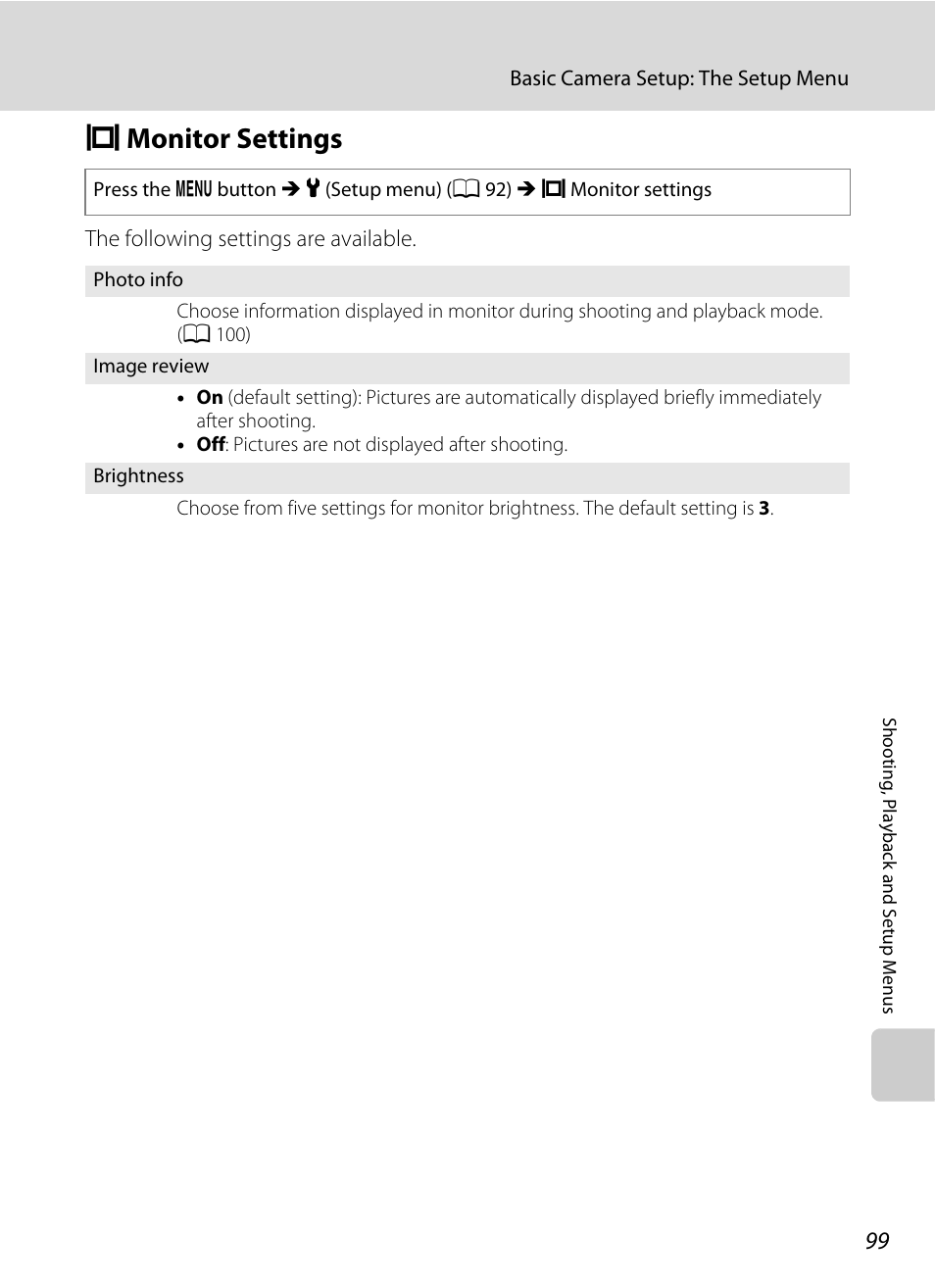 Monitor settings, E monitor settings, A 99) | A 99 | Nikon Coolpix L100 User Manual | Page 111 / 148