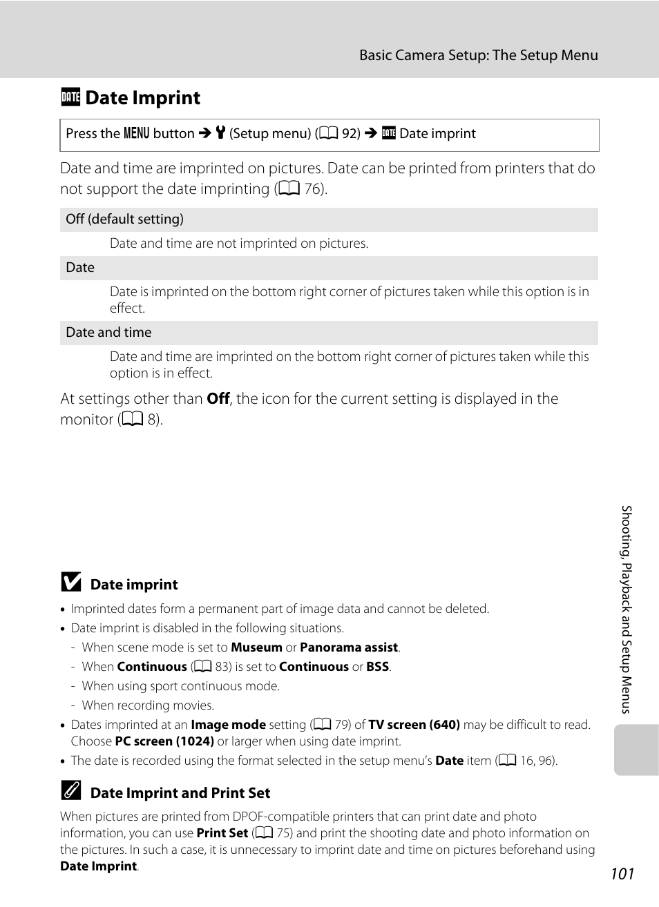 Date imprint, F date imprint, A 101) i | A 101 | Nikon Coolpix L100 User Manual | Page 113 / 148