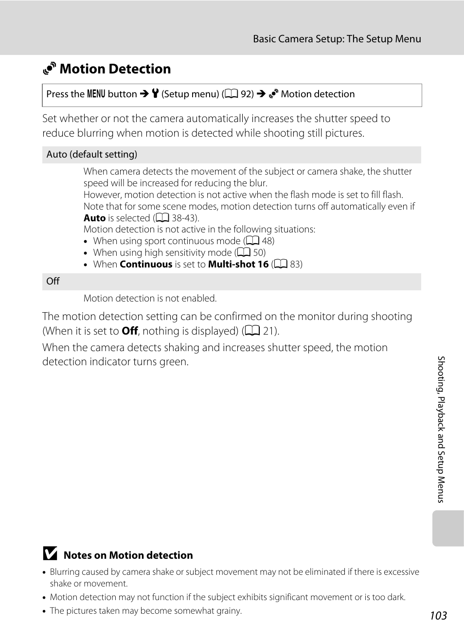 Motion detection, U motion detection, A 103) i | A 103) does not function in, A 103 | Nikon Coolpix L100 User Manual | Page 115 / 148