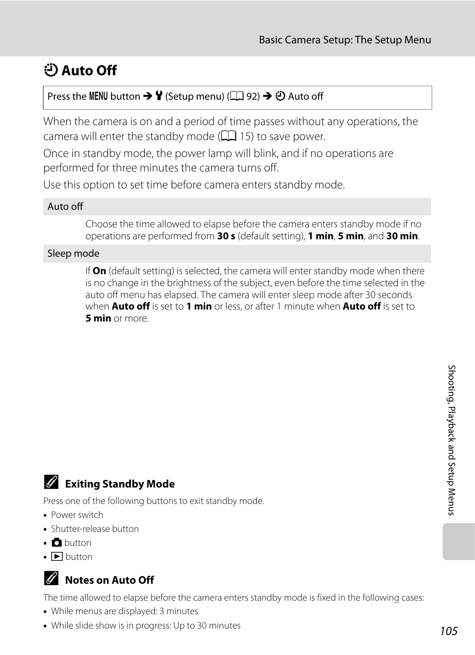 Auto off, K auto off, A 105) i | A 105), A 105) dur, A 105 | Nikon Coolpix L100 User Manual | Page 117 / 148
