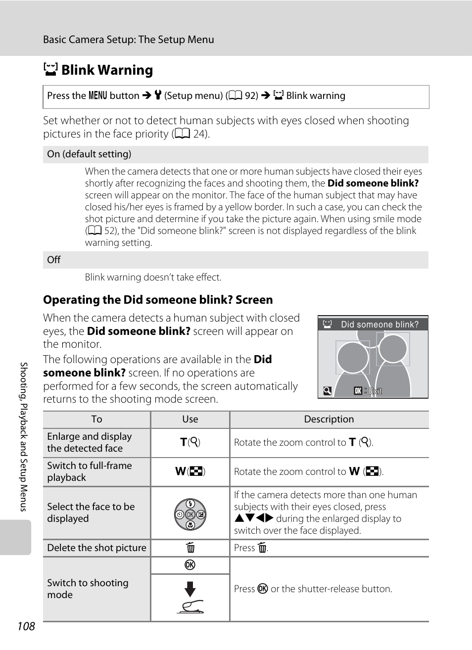 Blink warning, D blink warning, A 108) i | A 108) f, A 108, Operating the did someone blink? screen | Nikon Coolpix L100 User Manual | Page 120 / 148