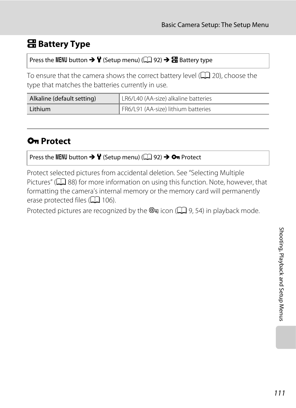 Battery type, Protect, S battery type d protect | A 111), A 111) are, A 111) se, A 111, S battery type, D protect | Nikon Coolpix L100 User Manual | Page 123 / 148