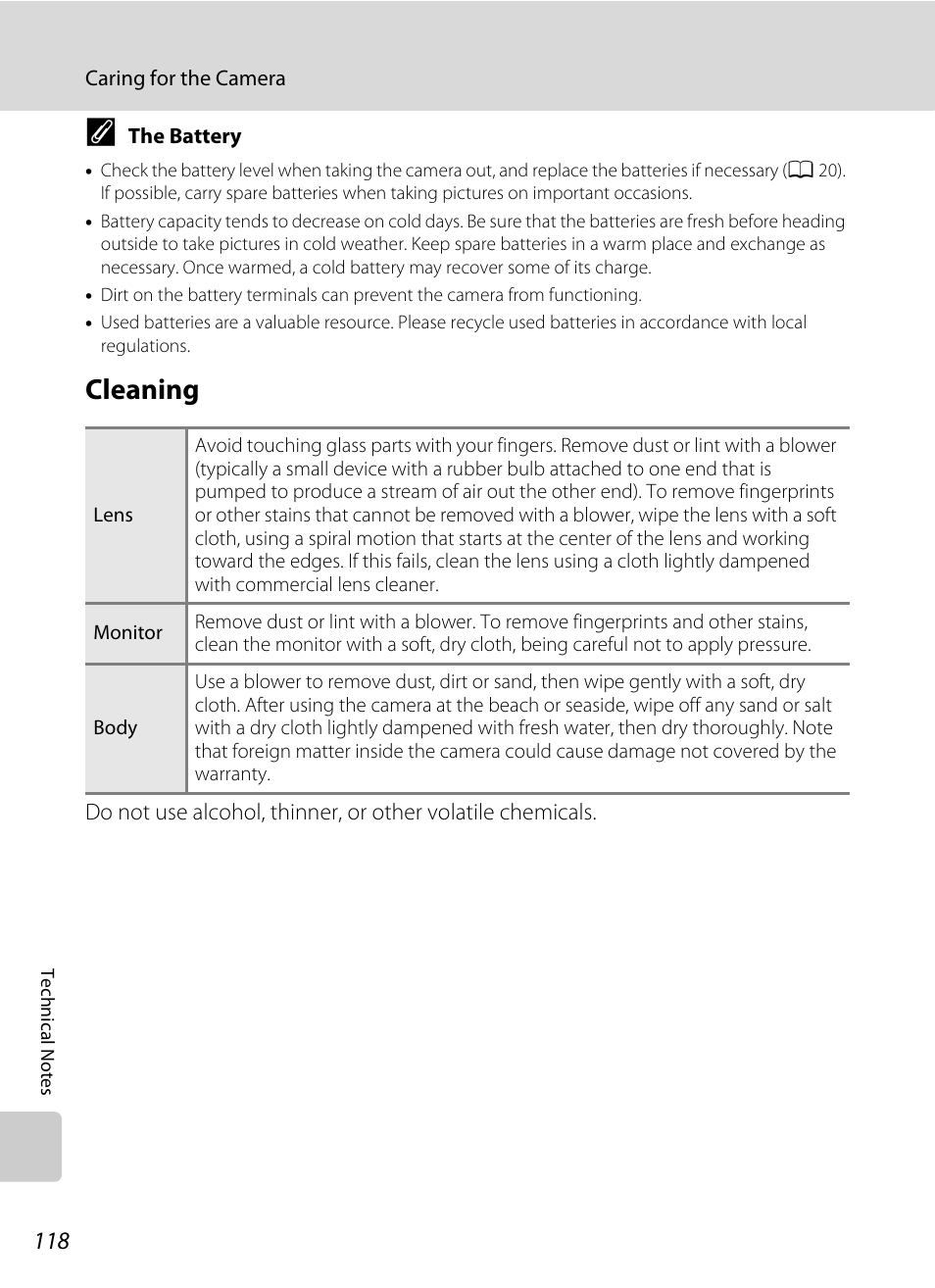 Cleaning, A 118 | Nikon Coolpix L100 User Manual | Page 130 / 148