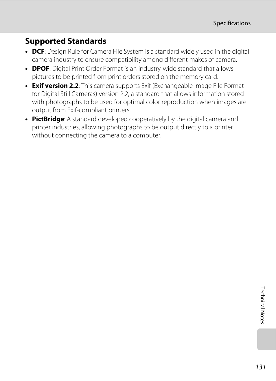 Supported standards, Tible, A 131) printers | A 131) pri | Nikon Coolpix L100 User Manual | Page 143 / 148