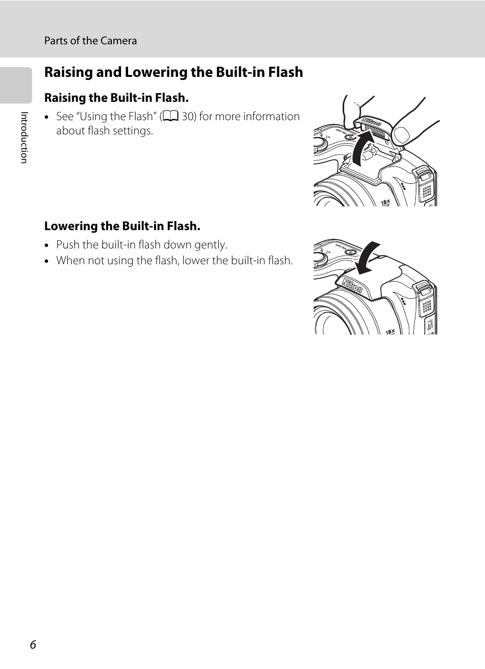 Raising and lowering the built-in flash | Nikon Coolpix L100 User Manual | Page 18 / 148