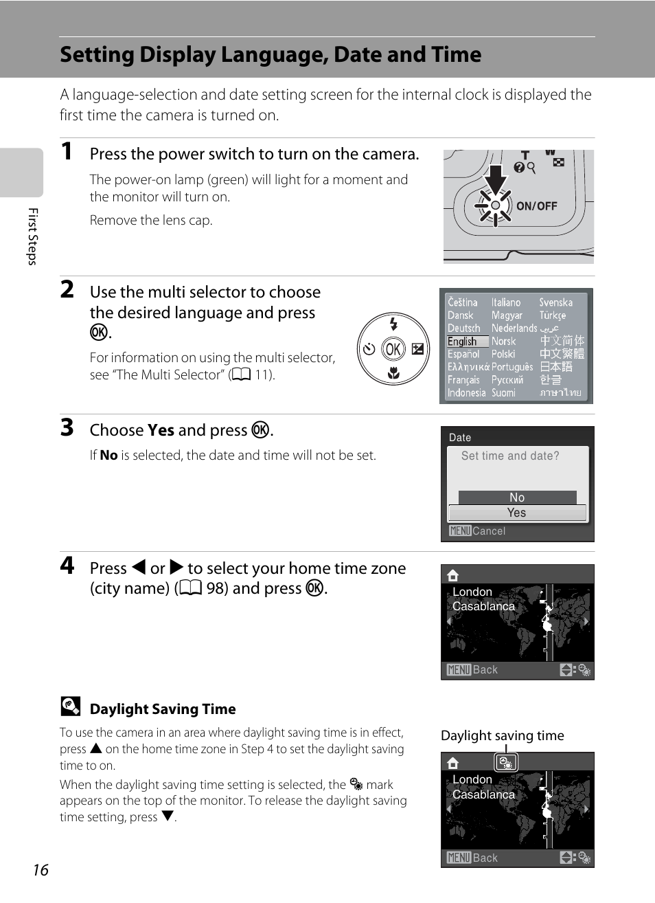 Setting display language, date and time | Nikon Coolpix L100 User Manual | Page 28 / 148