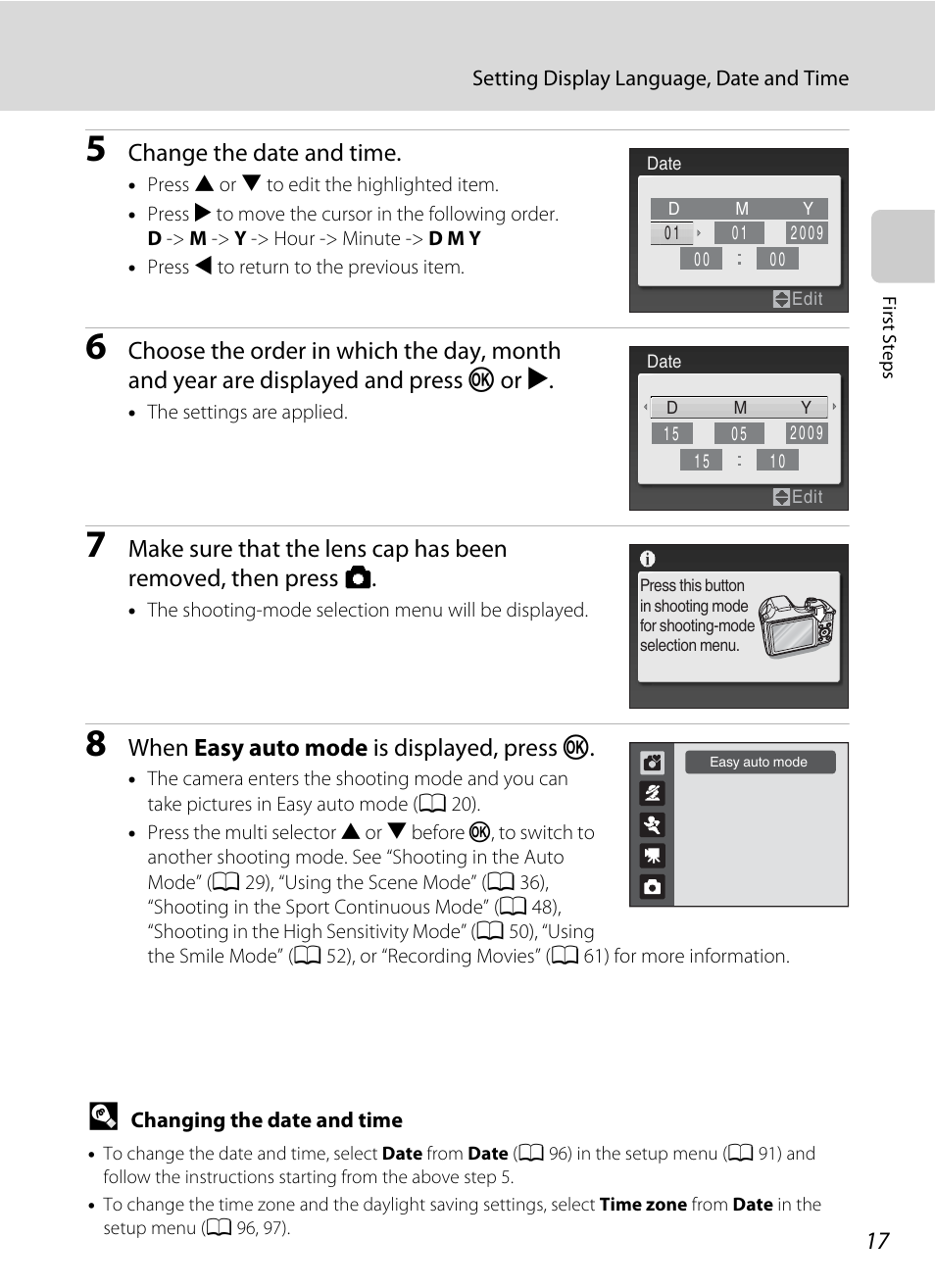 Change the date and time, When easy auto mode is displayed, press k | Nikon Coolpix L100 User Manual | Page 29 / 148