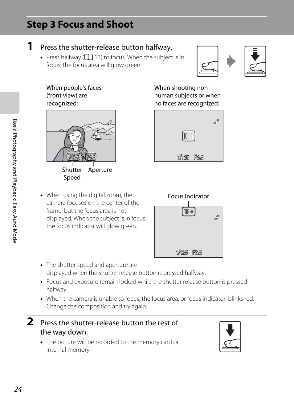 Step 3 focus and shoot | Nikon Coolpix L100 User Manual | Page 36 / 148