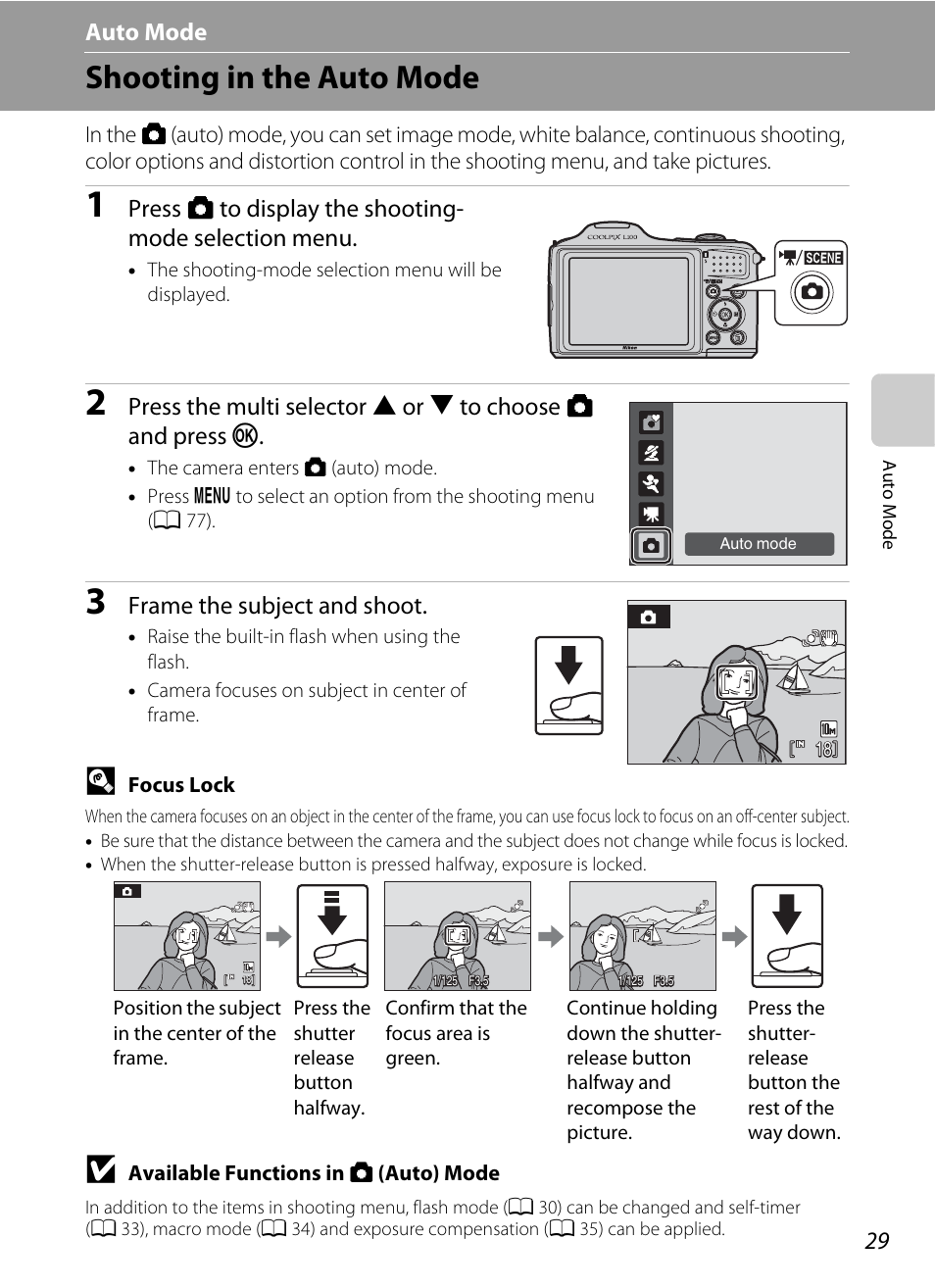 Auto mode, Shooting in the auto mode, A auto mode | A 29), Shooting mode. see “shooting in the auto mode, A 29), “us, Lock, A 29, Frame the subject and shoot | Nikon Coolpix L100 User Manual | Page 41 / 148