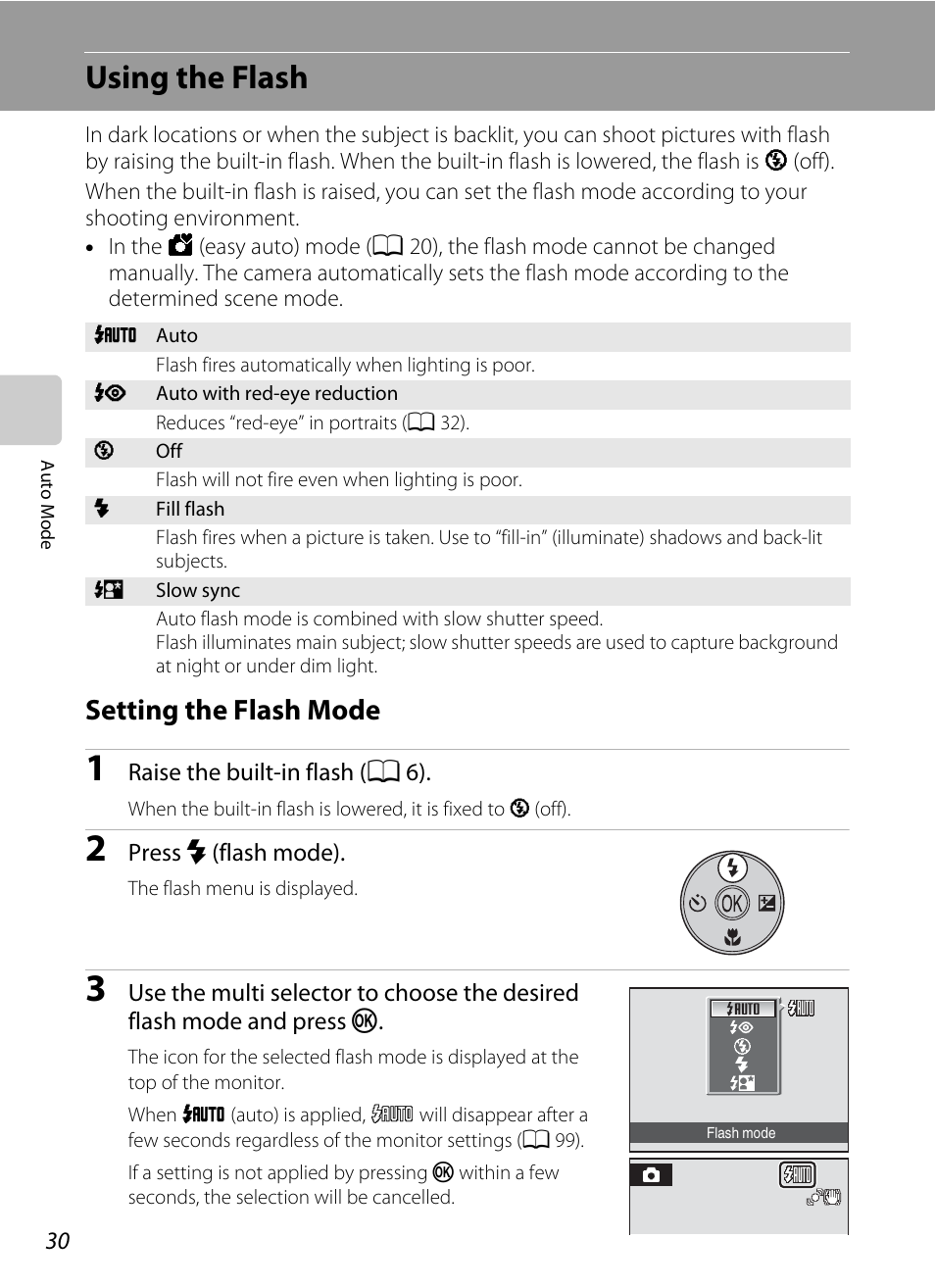 Using the flash, Setting the flash mode, A 30) | A 30 | Nikon Coolpix L100 User Manual | Page 42 / 148