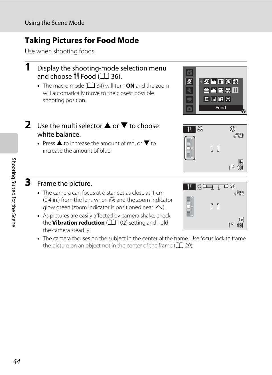 Taking pictures for food mode, A 44) for | Nikon Coolpix L100 User Manual | Page 56 / 148