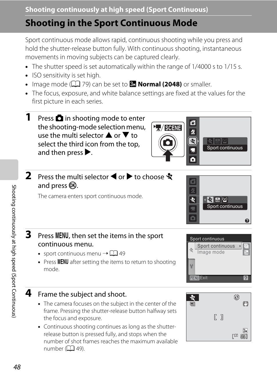 Shooting in the sport continuous mode, A 48) | Nikon Coolpix L100 User Manual | Page 60 / 148