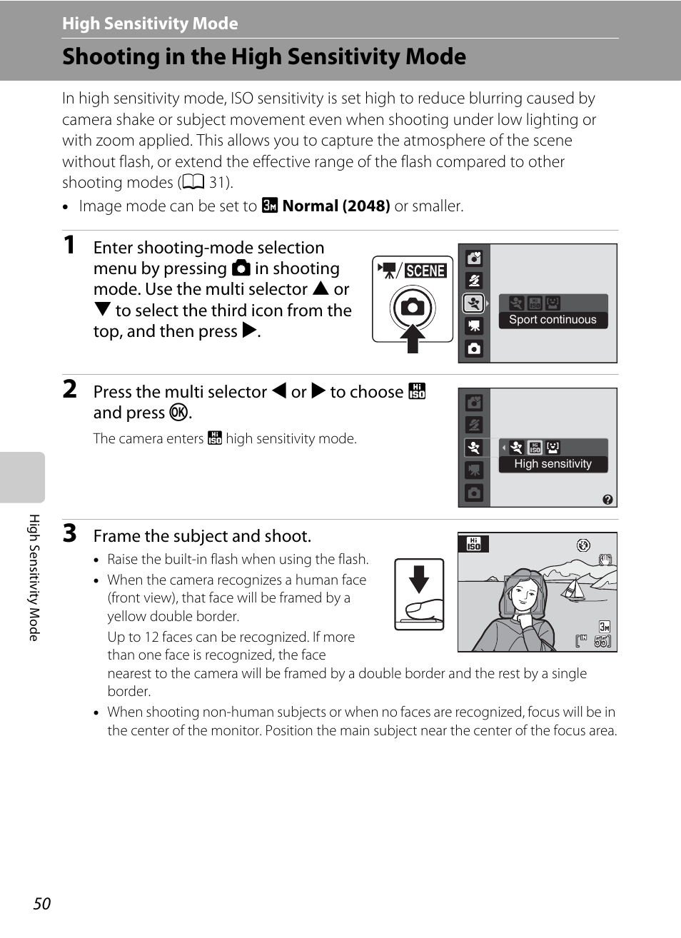 High sensitivity mode, Shooting in the high sensitivity mode, B high sensitivity mode | A 50), A 50), the | Nikon Coolpix L100 User Manual | Page 62 / 148