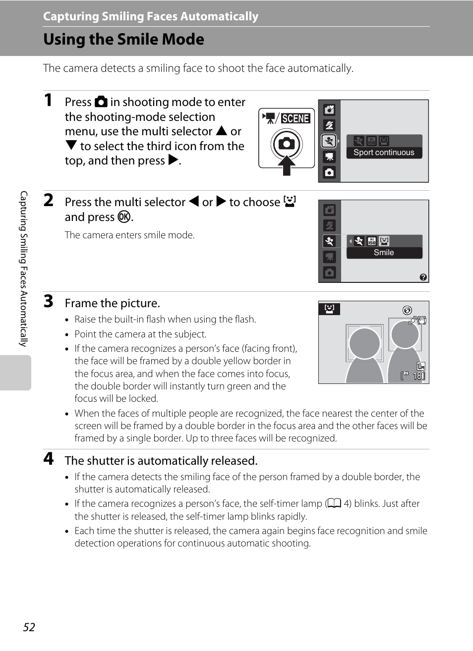 Capturing smiling faces automatically, Using the smile mode, A capturing smiling faces automatically | A 52), Using, The smile mode, A 52), or “r | Nikon Coolpix L100 User Manual | Page 64 / 148