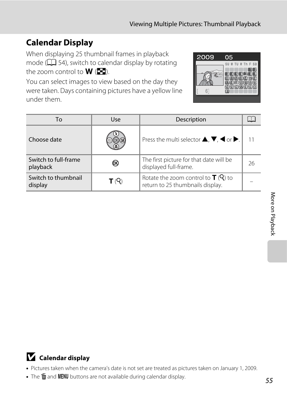 Calendar display, A 55) | Nikon Coolpix L100 User Manual | Page 67 / 148