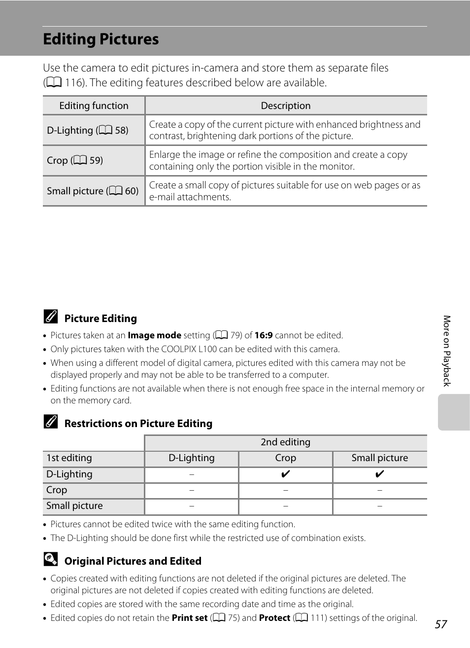 Editing pictures | Nikon Coolpix L100 User Manual | Page 69 / 148