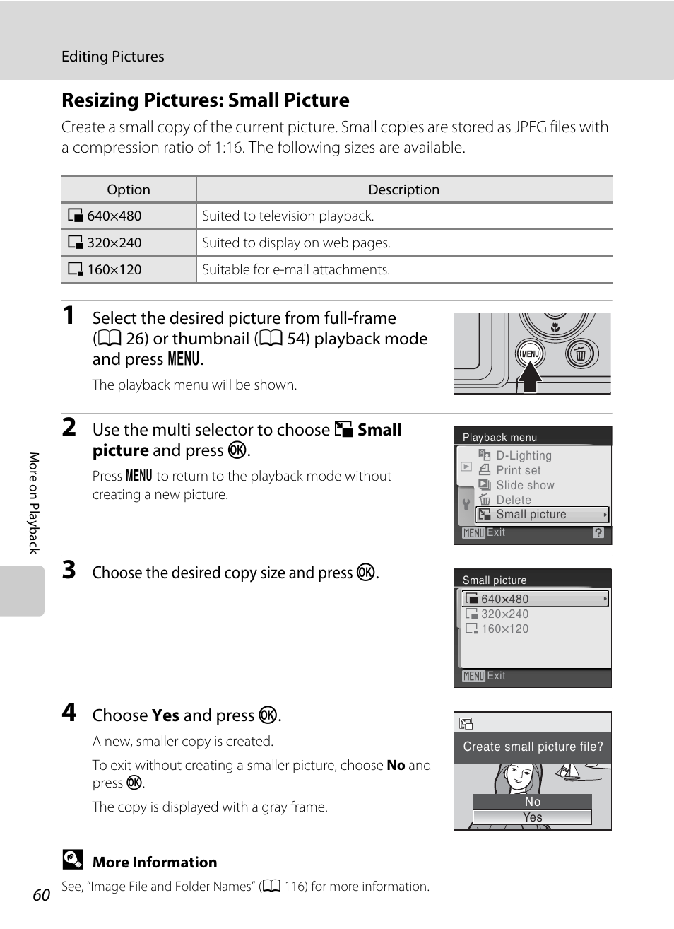 Resizing pictures: small picture, A 60), Choose the desired copy size and press k | Choose yes and press k | Nikon Coolpix L100 User Manual | Page 72 / 148