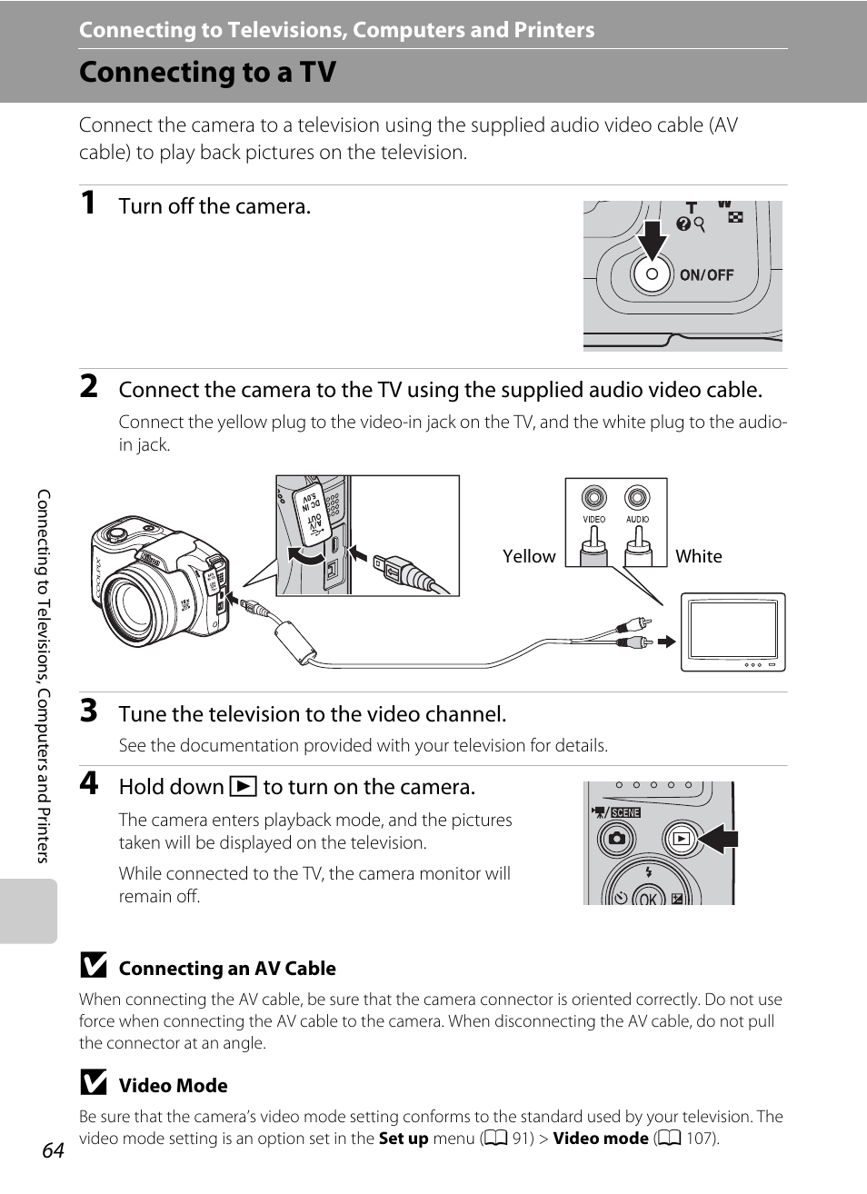 Connecting to televisions, computers and printers, Connecting to a tv | Nikon Coolpix L100 User Manual | Page 76 / 148