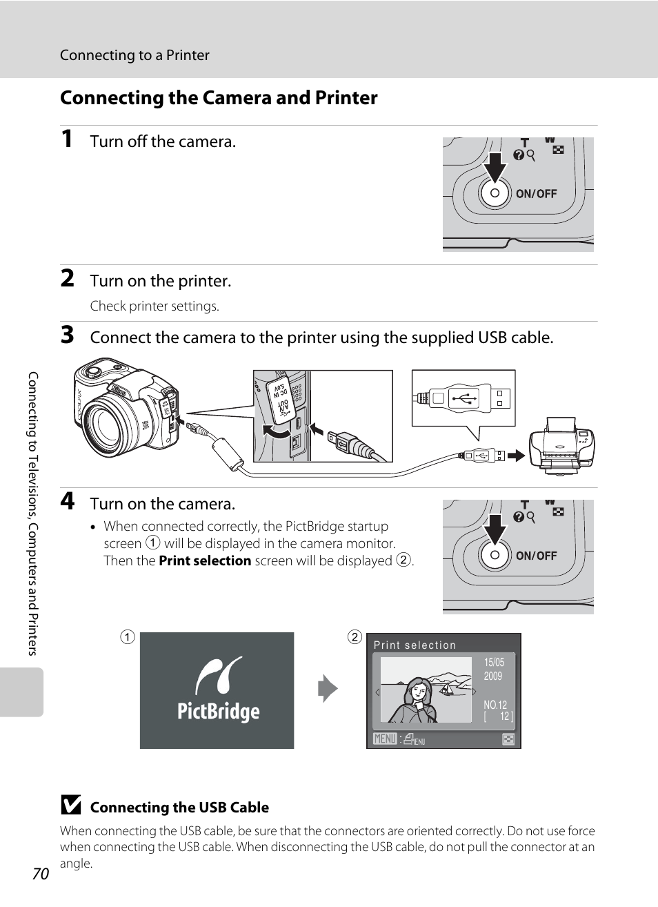 Connecting the camera and printer, A 70) | Nikon Coolpix L100 User Manual | Page 82 / 148