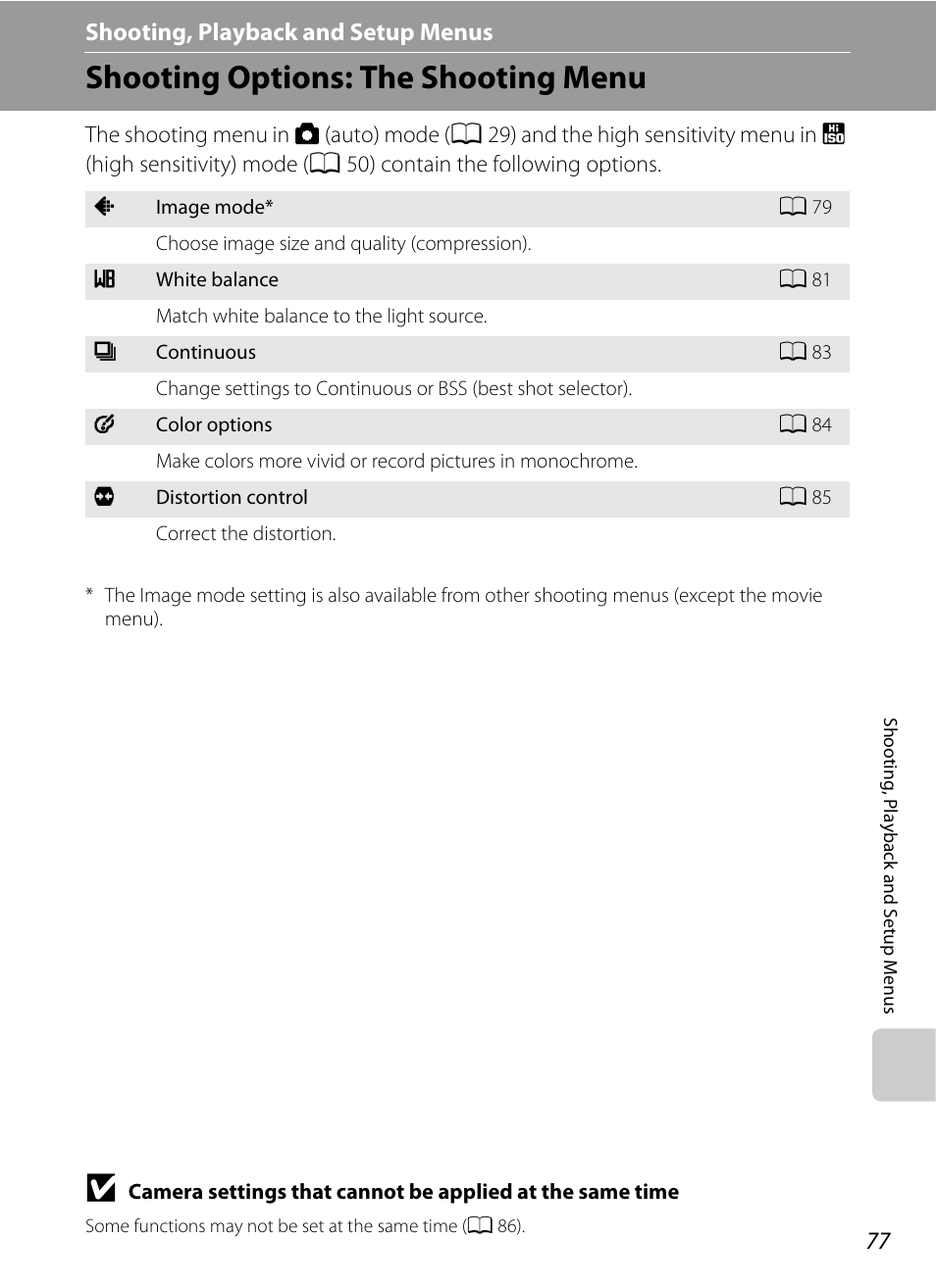 Shooting, playback and setup menus, Shooting options: the shooting menu, D shooting, playback and setup menus | A 77) | Nikon Coolpix L100 User Manual | Page 89 / 148